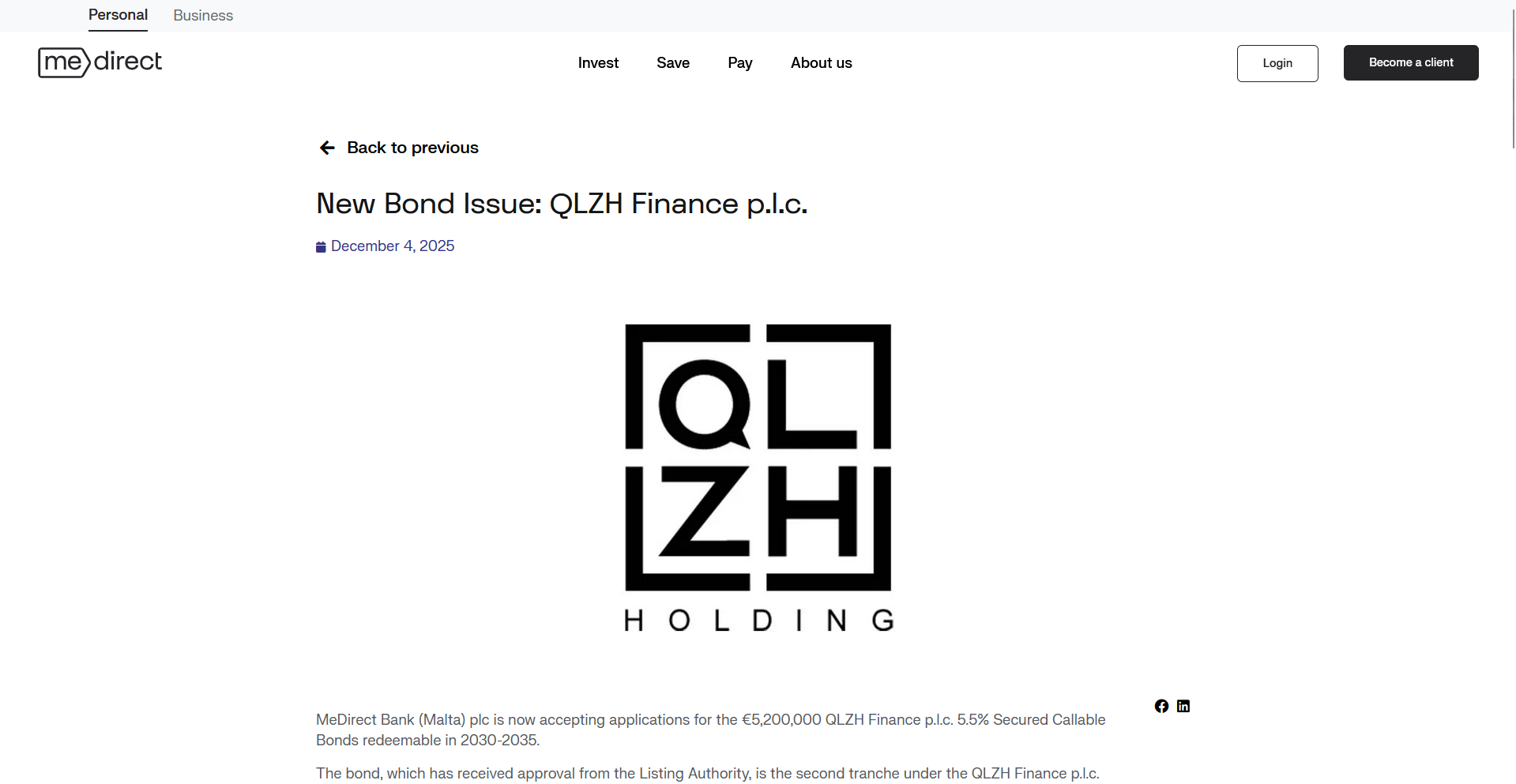 MeDirect / Bond issue announcement (secondary coverage)